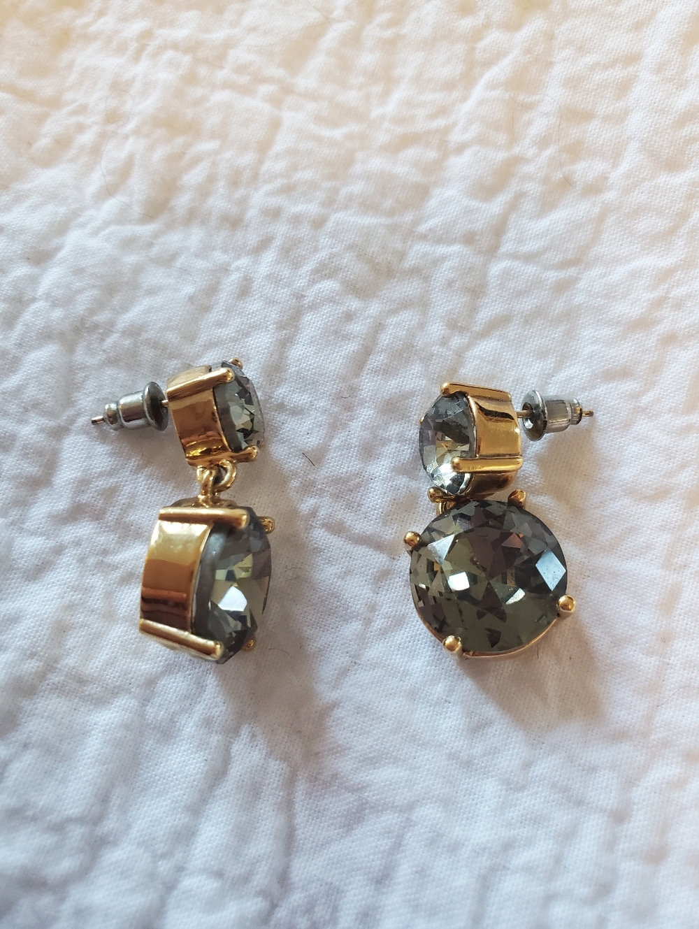 Bold Smoky Gray Green Crystal Gem Dangle Drop Earrings - Set In Gold-tone
